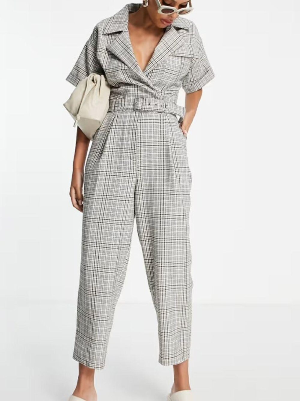 ASOS DESIGN tailored short sleeve belted jumpsuit in check print